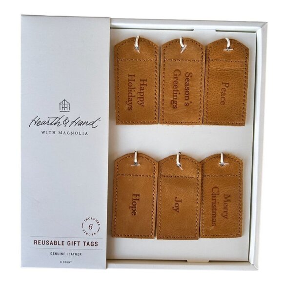 Hearth & Hand Magnolia 6ct Holiday Quote Leather Gift Tag Set Brown - Picture 4 of 6